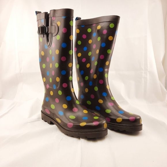 Capelli of New York rubber boots polka dots brown pastels size 7 women's rain - Picture 9 of 12